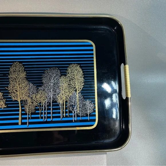Japan Lacquerware Black Blue Tray Gold Leafing Trees Srednick Collection Forest - Picture 4 of 13